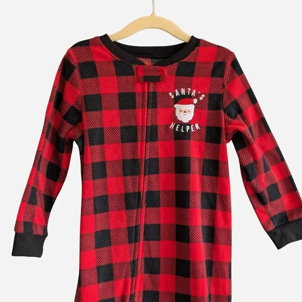 Carter's Toddler Size 3T Red Black Plaid Santa's Help Fleece Zip Footed Pajamas
